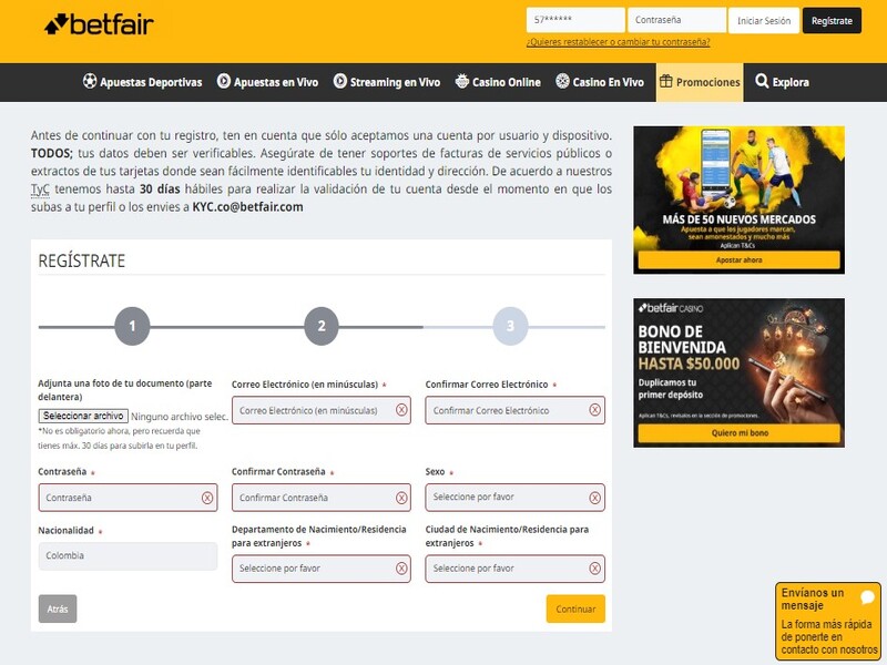 Aparecerá el formulario que se debe rellenar para registrarse en Betfair Aparecerá el formulario que se debe rellenar para registrarse en Betfair