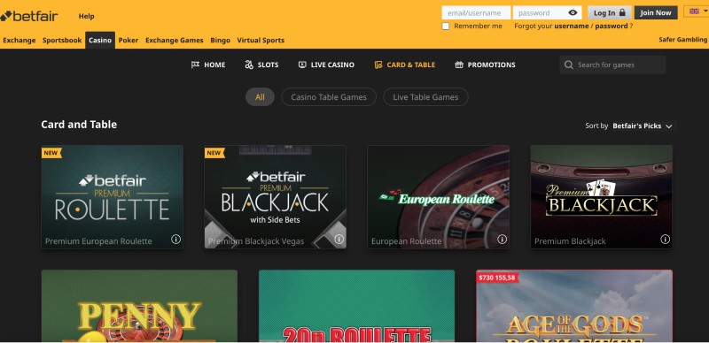 Betfair online casino nakit oyunları